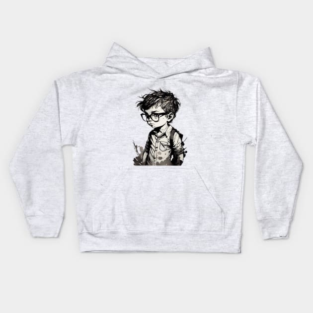 Boy with glasses in school one. Kids Hoodie by MLArtifex